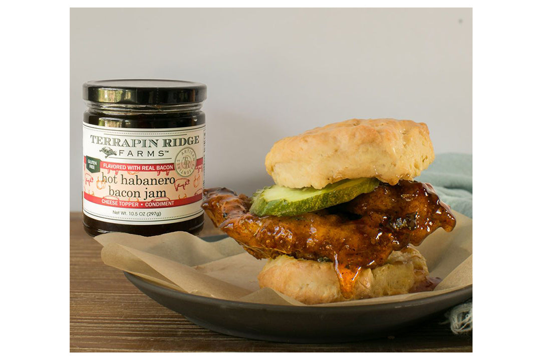 Terrapin Ridge Farms Hot Habanero Bacon Glazed Fried Chicken Biscuit Sandwich Terrapin Ridge Farms Hot Habanero Bacon Glazed Fried Chicken Biscuit Sandwich